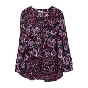 DR2 Tunic Top Womens XL Brown Multicolor Babydoll Floral Peasant Boho Lagenlook